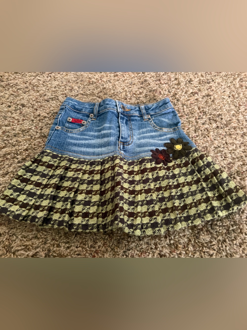 Lipstick Boutique Blue Denim Top with Green and Brown Houndstooth Skirt